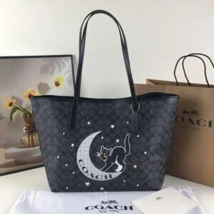 NWT Coach CW451 City Tote In Signature Canvas With Black Cat Moon Halloween